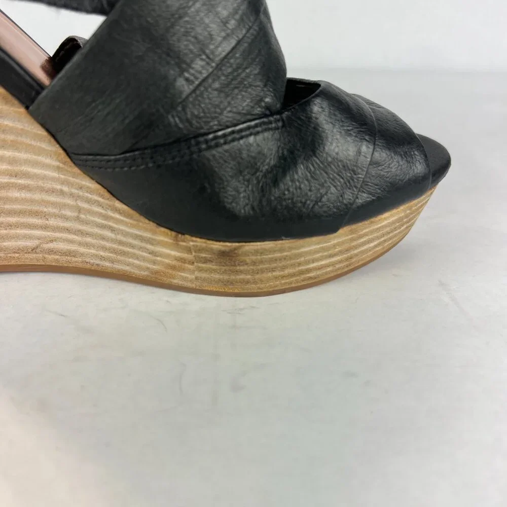 Seychelles Sandals Womens 8.5 Black Leather Wedge Stacked Heel Criss Cross‎